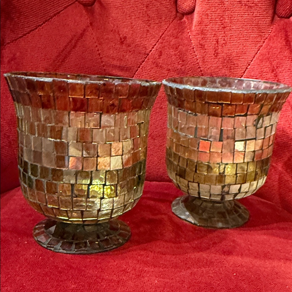 Set of two Mosaic Glass vases/Candle Holders - Brown and Gold 5.5*5”